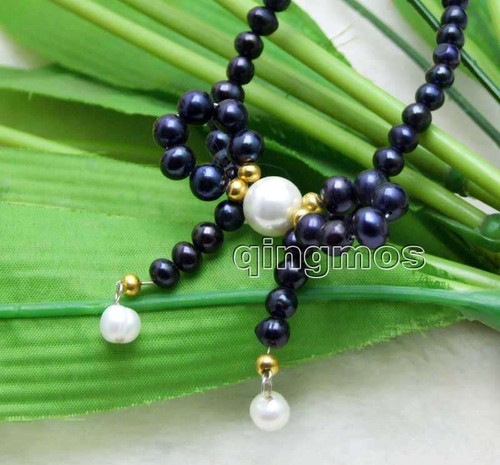 5-6mm Round Black Pearl Necklace for Women & Pearl Bowknot Pendant Chokers 17'' - Picture 4 of 25