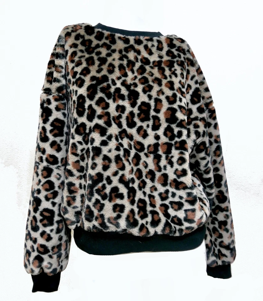 Vtg 90s Wild Fable Soft And Fluffy Plush Leopard Cat Animal Print Sweatshirt L - Image 3 of 4