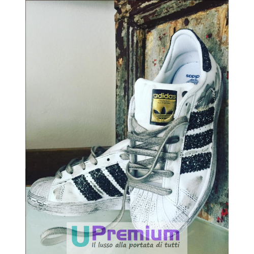 Adidas Superstar Bianche Strisce Glitterate Nere [Prodotto Customizzato]  Scarpe | eBay