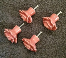 Set of 4 Rose Shaped Pink Ceramic Cabinet Knobs Drawer Pulls 1 5/8x1 3/8