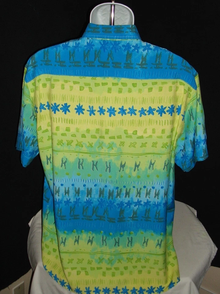 GEORG ROTH GREEN/YELLOW/BLUE GEO DESIGN VISCOSE/POLY S/S CASUAL SHIRT SZ. L - Image 4 of 4