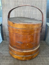 Antique American Firkin Wooden Sugar Bucket w/ Lid and Handle 10"