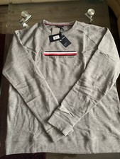 Image of Brand New Mens Tommy Hilfiger Stripe Logo Crew Neck Light Sweatshirt Grey XL
