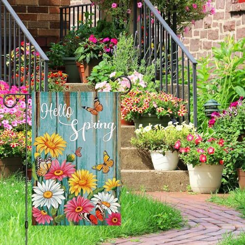Hello Spring Garden Flag Spring Summer Daisy Garden Flags 12 x 18 Inch Burlap 