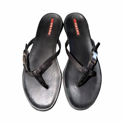 Vintage Prada Sport Linea Rossa Black Rubber Thong Sandals Slides 90s Y2K Archiv