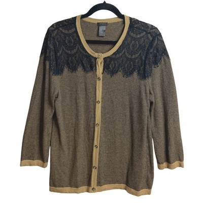 Ann Taylor Factory Neutral Lace Yoke Knit Cardigan Women s Size XL Button Front