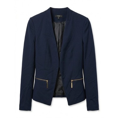 Premise Studio Womens 6P Navy Blue Open Front Blazer Gold Zip Pockets Petite