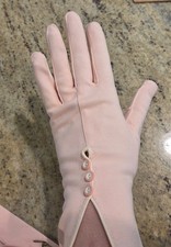 New Vtg Women's Sz L/XL 7 Pink Cotton Formal Gloves Knotch Button Accent Faded