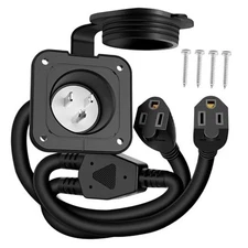 15 Amp AC Port Plug, 125V Shore 15A Flanged Inlet with Dual Extension Cord