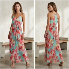 B. Darlin Aqua Coral Floral Pleated Maxi Dress Sleeveless V-Neck 5/6 I5RGF002