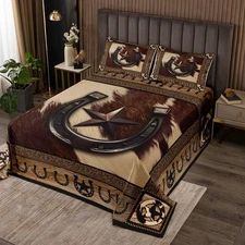Western Cowboy Bedspread King Size,Texas Star Horseshoes Rustic Coverlet Set,Boy