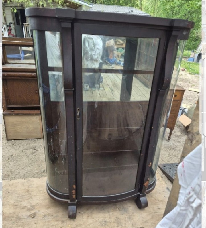 Curved Antique Stained Wood & Glass Display Cabinet, 1 Doors, 40x15x55 