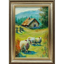 Summer nature Oil painting Original art Rural landscape sheep 6 x 4 inches