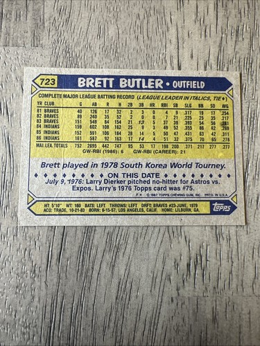 1987 Topps - Brett Butler #723 - Hand Signed Auto - Picture 2 of 3