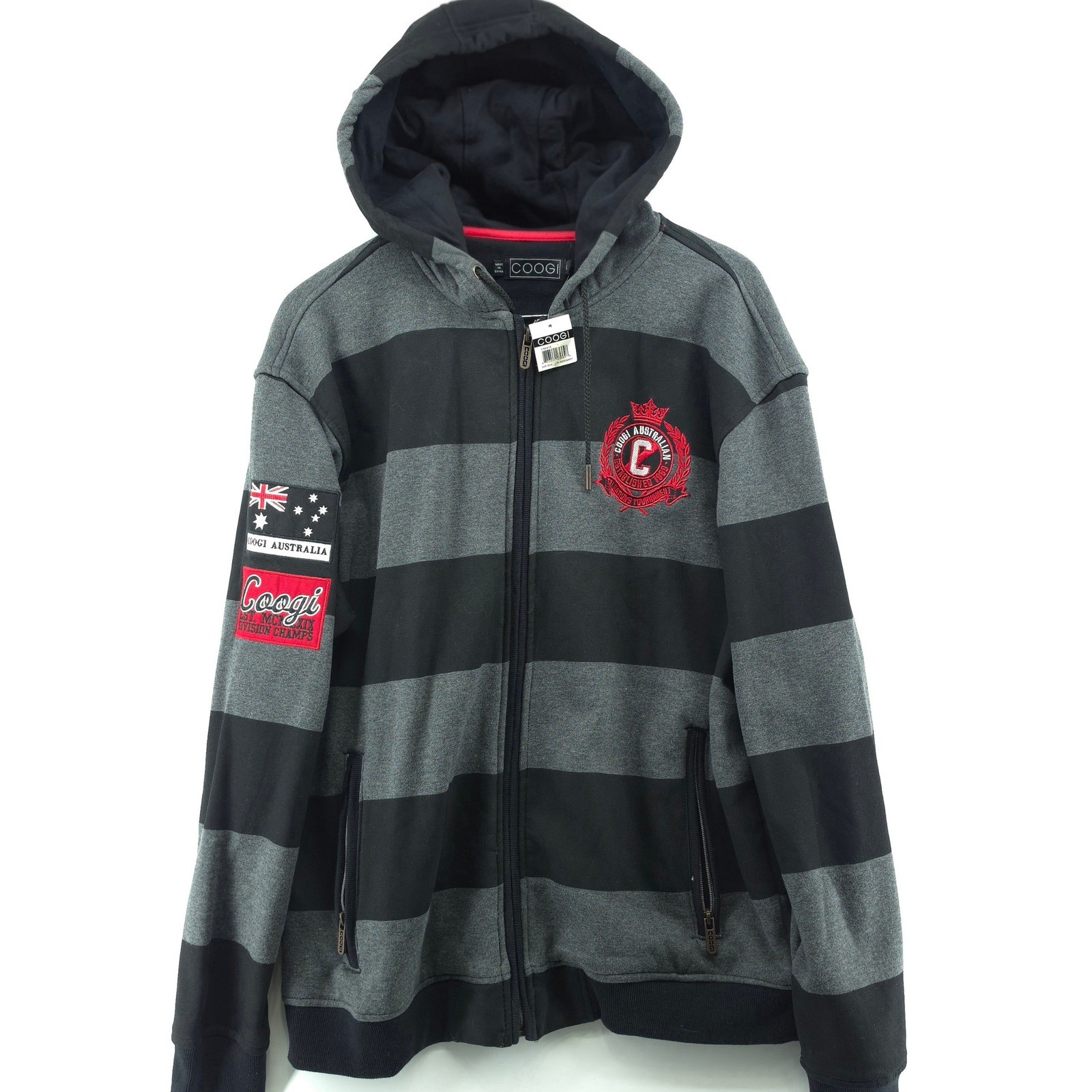 Coogi Mens Full Zip Hoodie Cotton Poly Black Grey Striped XXL Embroidered Patch