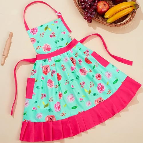 Kinder Schürze Mütze Set für Mädchen Vintage Large (8-12 Jahre) Aqua Grün Blumen - Bild 3 von 6