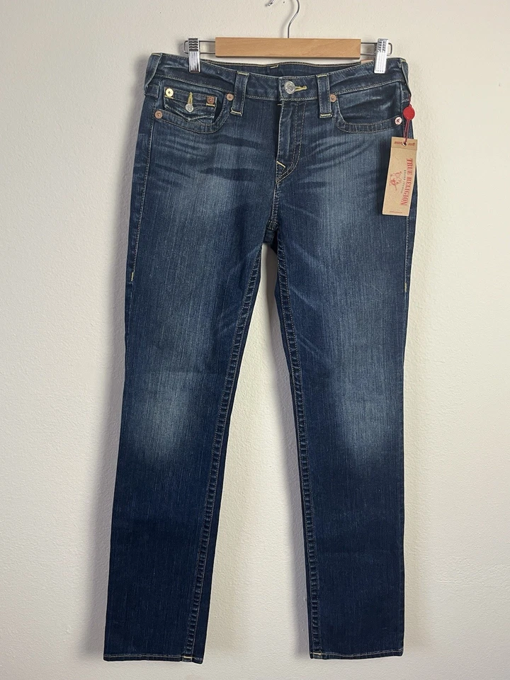 New Women's True Religion 32 Slim Straight Designer Dark Wash Jeans Flap Pockets - Image 2 of 4
