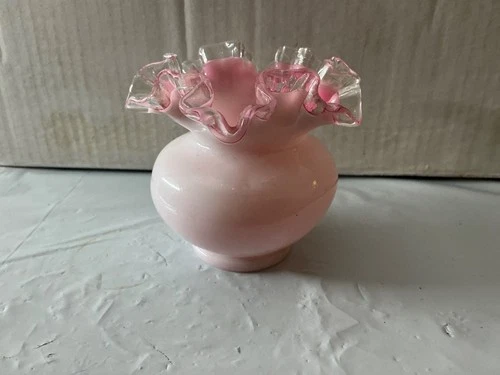 Fenton Glass Melon Vase Pink White Overlay Ruffled Silver Crest Rim4.5” Damaged