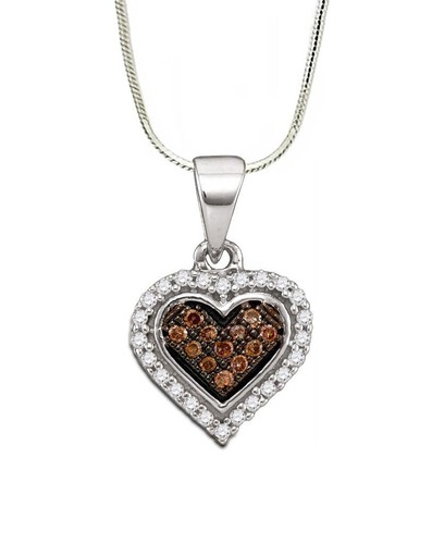 10K White Gold Chocolate Brown & White Diamond Micro-Pave Heart Pendant .13ct - Picture 1 of 2