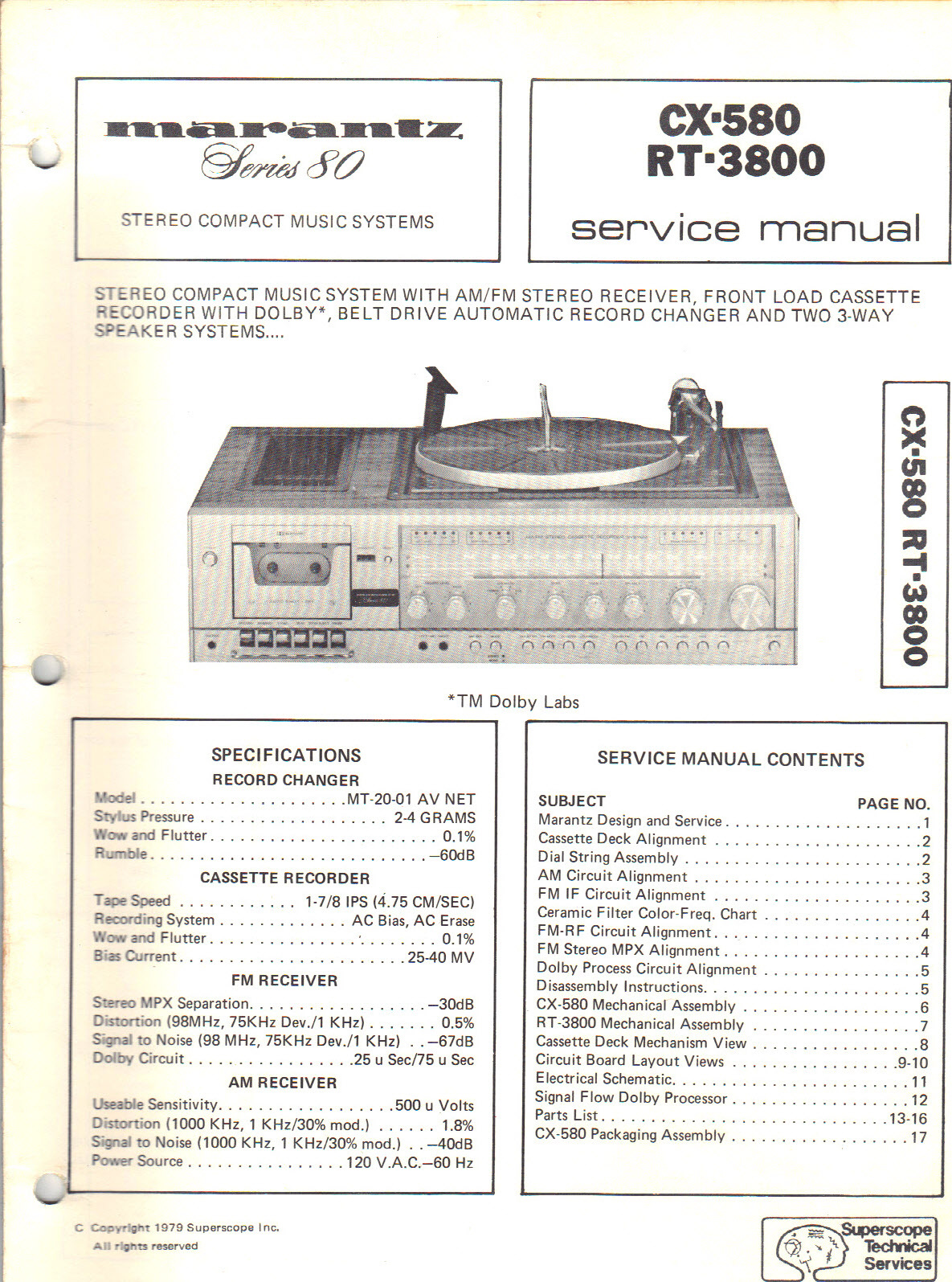 Marantz Service Manual Model CX-580 RT-3800 stereo record player Original Repair