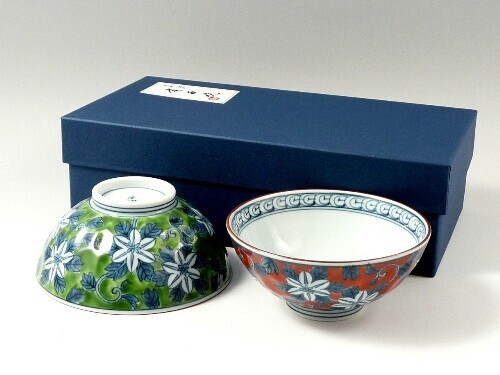 Juego Tazón Arroz Japones Arita Yaki Porcelana Gohan Dami Verde Roja Clematis