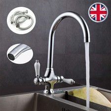 Modern Mono Kitchen Mixer Tap Twin Lever Control Swivel Curved Spout Chrome UK