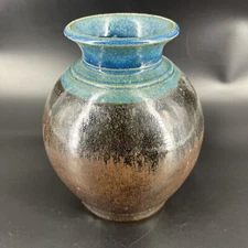 Hand Thrown Studio Art Pottery Stoneware Clay Vase Signed MG Turquoise Brown