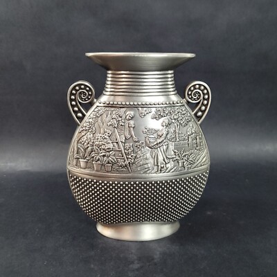 Vintage Pewter Metal Bud Weed Vase Courting Orchard Scene Flat double sided