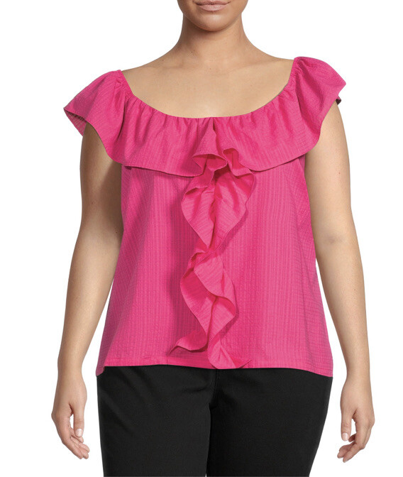 Terra & Sky Women’s Plus Size Shocking Pink Ruffled Scoop Neck Sleeveless Top 2X