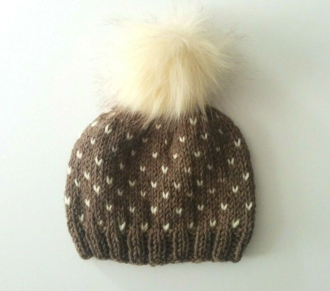 Hand Knit Warm Wool Fair Isle Brown Winter Hat Size 3-12 Months Baby