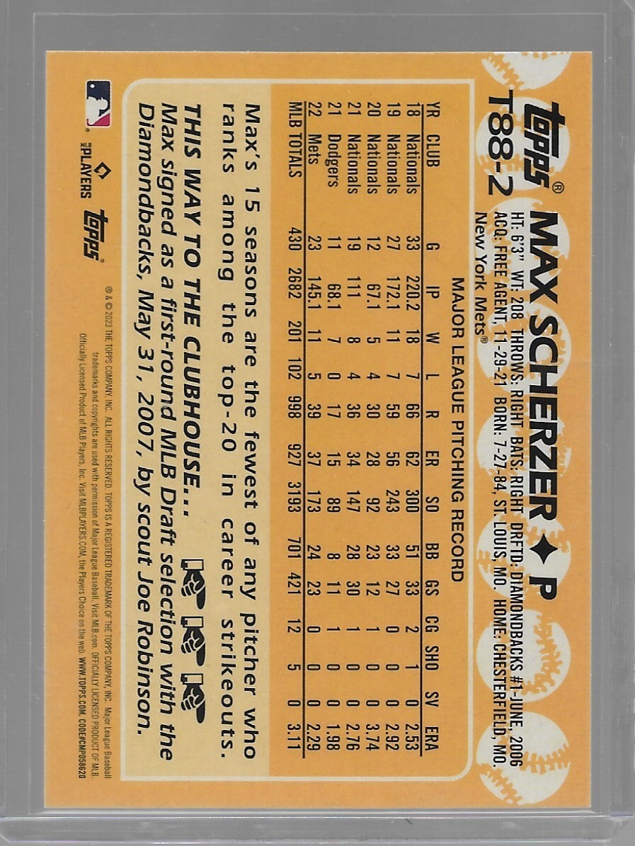 2023 Topps Series 1 1988 Topps Max Scherzer #T88-2 New York Mets