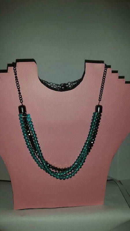 Bead Necklace  - 3 Tier 18 Inch Necklace, Aqua/Black Assorted Beads. Preowned