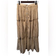 Soft Surroundings Gold Tiered Maxi Broom Skirt Sz. M Button Front Silky Feel