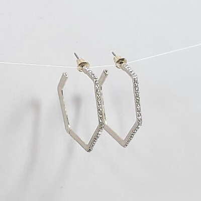 E0997 Silver Colored Clear Rhinestones Open Hexagon Shape Hoop Post Earrings