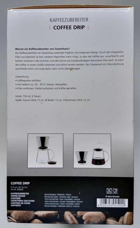 Zassenhaus Coffee Drip 750ml Pour Over Coffee Maker / Brewer - UNUSED IN BOX! - Image 3 of 4