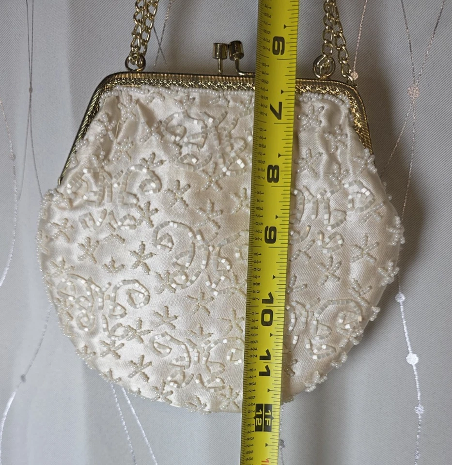 Vintage Beaded Clutch Shoulder Bag Beaded Cream Ivory Small Hoco Prom Formal - Image 2 of 4