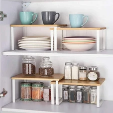 2Pcs Kitchen Shelves Stackable Counter Shelf Cupboard Organizer Rack Expandable
