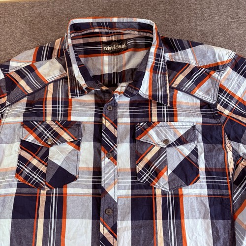 Camicia uomo Rebel & Soul manica corta a quadri 2XL blu arancione casual top NUOVA - Foto 2 di 7