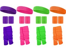 4 Sets 80s 90s Leg Warmers Set for Women Costume Neon Headband Rainbow Wristb...