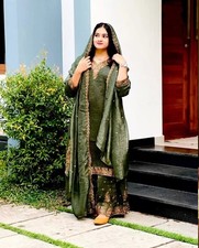 Wedding Wear Mehndi Green Soft Silk Kurta Palazzo With Dupatta For Women
