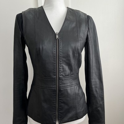 DKNY Leather COLLARLESS 100% Lamb Napa Leather JACKET BLACK SZ 2
