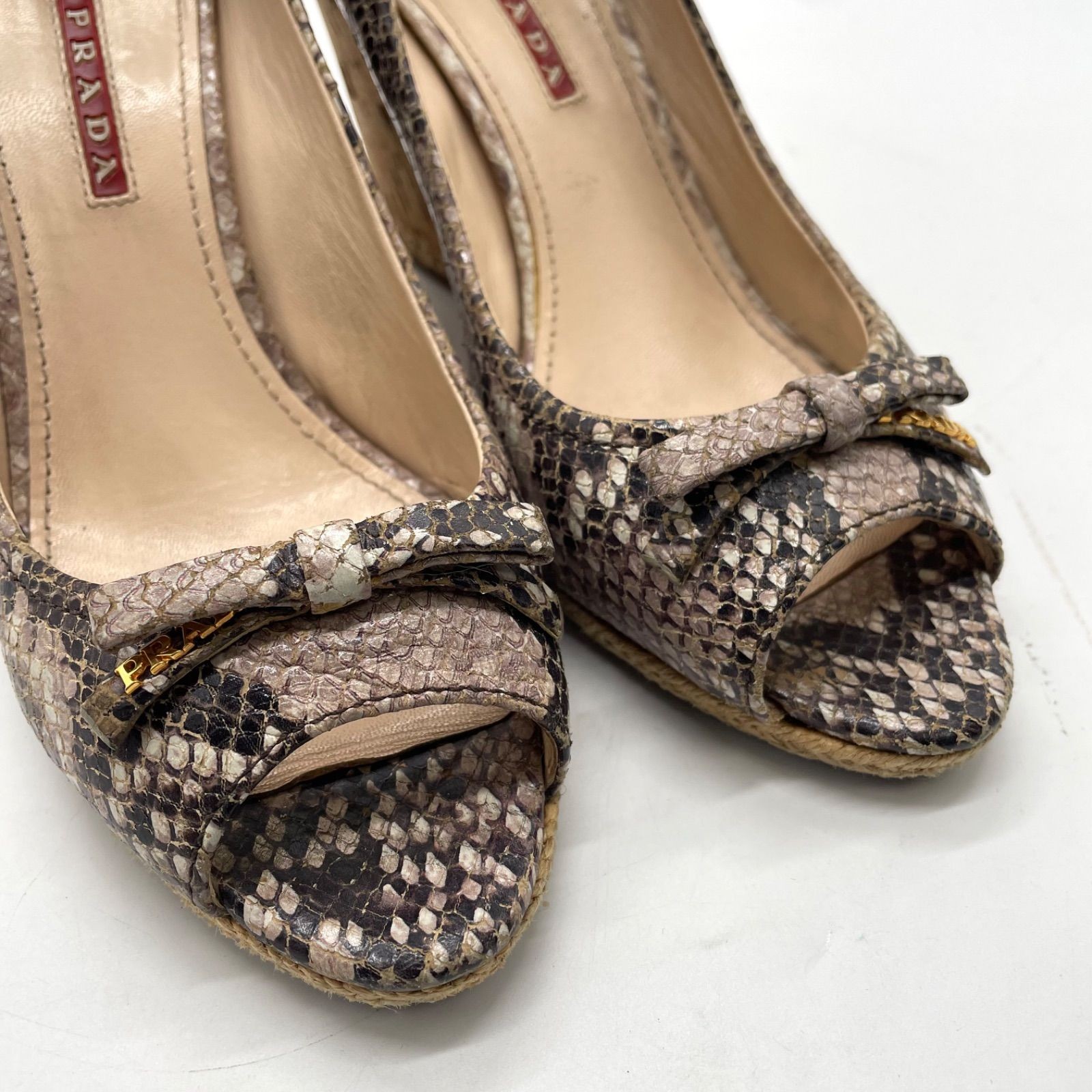 PRADA Beige Python Wedge Pumps Ribbon Logo Hardwa… - image 12