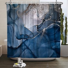 Navy Blue Marble Shower Curtain Gold Line Cracks Drape Modern Abstract Luxury...