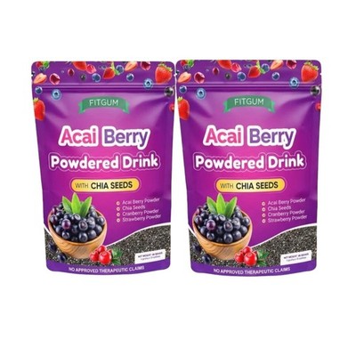 2 Packs FITGUM Acai Berry Drink w/ Chia Seeds 10 Sachets Easy Mix