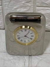 Vintage Silver Plated Clock Heavy Desk Shelf Bedside Table Clock Small EUC 3”