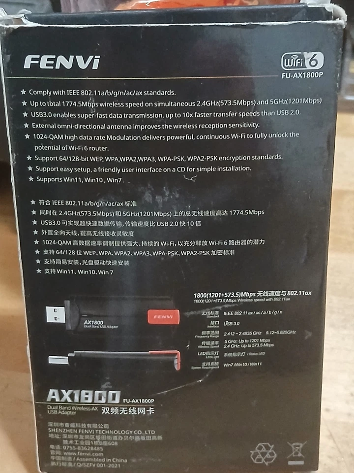 Fenvi AX1800 Dual Band USB Adapter, a Wi-Fi 6 dongle used to upgrade a... - Image 2 of 4