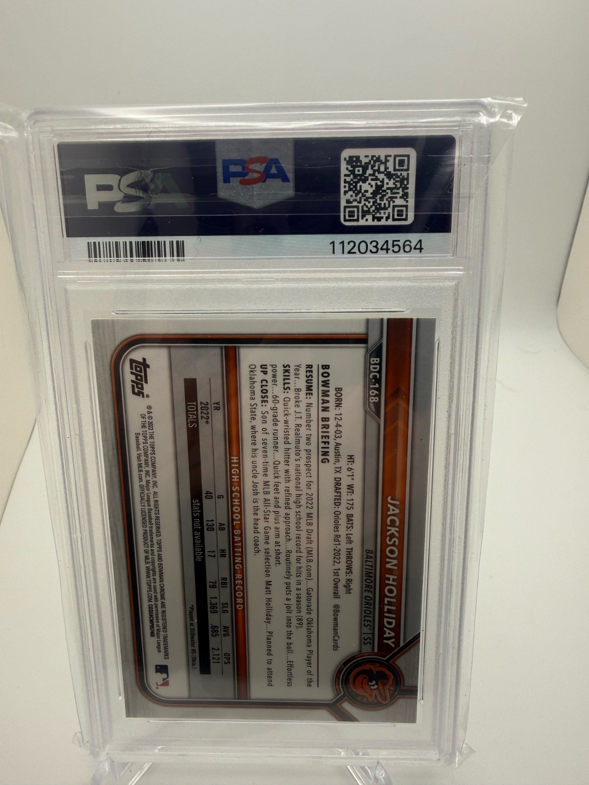2022 Bowman Sapphire Jackson Holliday 1st Bowman BDC-168 Yellow 81/99 PSA 9 MINT view 2