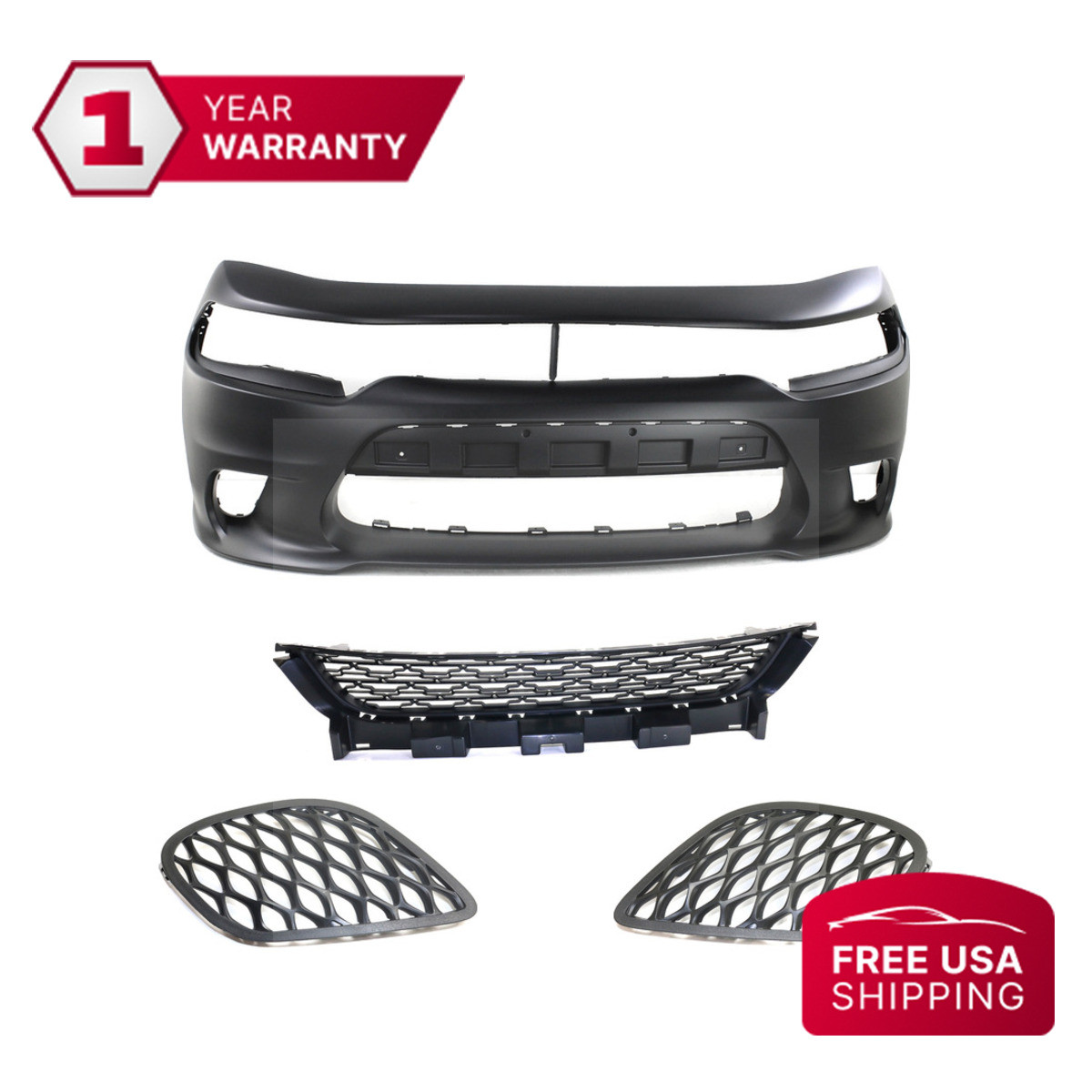 Front Bumper + Grille + Fog Light Covers For 2015-2022 Dodge Charger