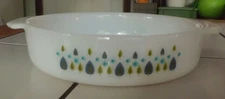 MARCREST MILK GLASS CASSEROLE DISH WITH HANDLES SWISS ALPINE PATTERN 1960