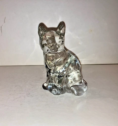Vintage Fenton Glass Clear Cat Paperweight/ Figurine, Signed